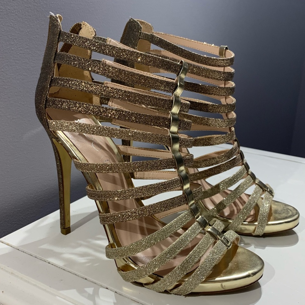 Aldo || Gold Glitter Strappy Heels || Size 8